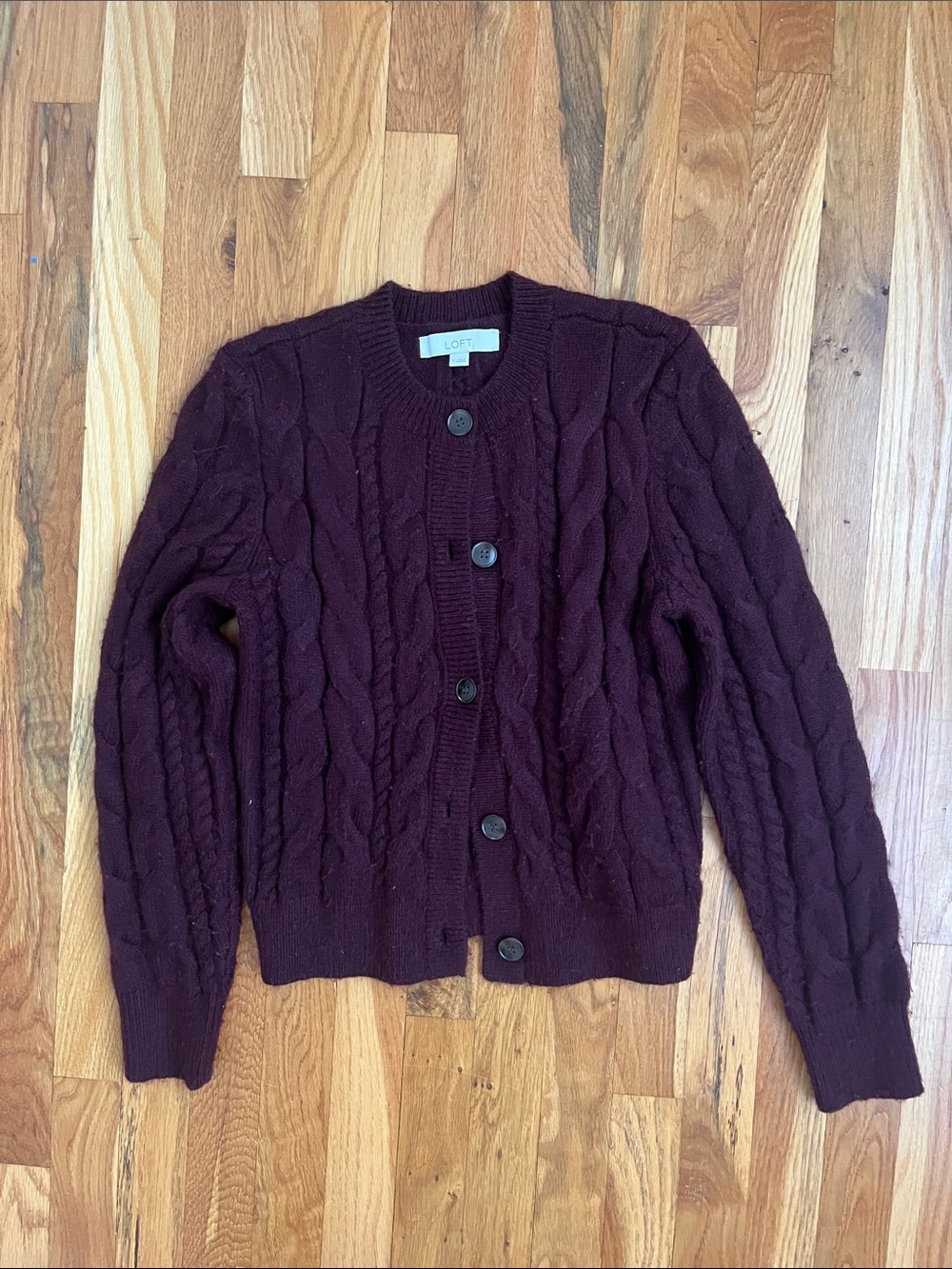 LOFT Cable-Knit Button Cardigan - Plum